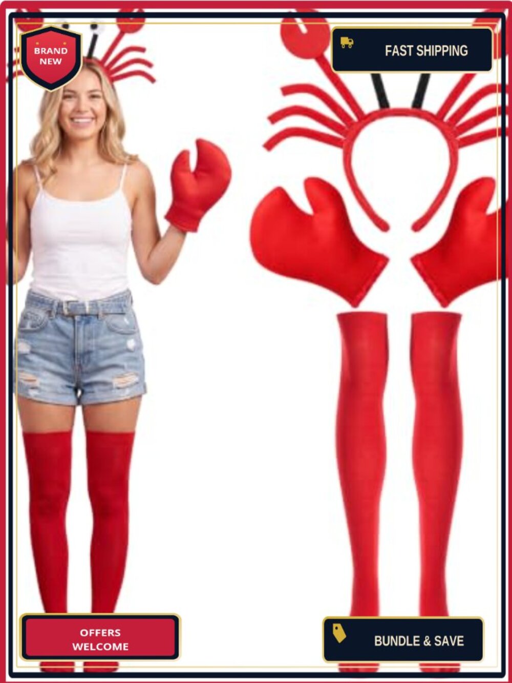 Halloween Crab Costume Set Headband Claw Gloves Thigh High Socks Adult